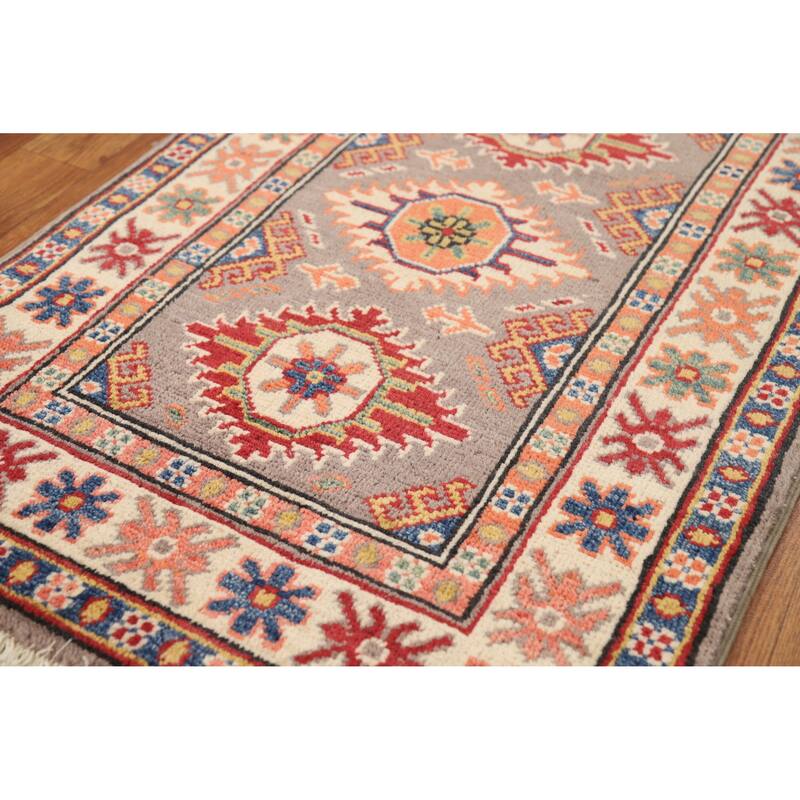 Geometric Kazak Oriental Rug Handmade Grey Wool Carpet - 2'0"x 3'0"