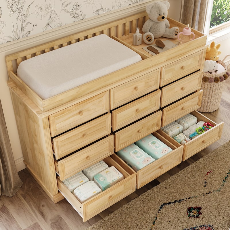 Extra Wide Solid Pine Wood 12-Drawer Changing Table Dresser – 59.9" Real Wood Nursery Dresser with Removable Topper
