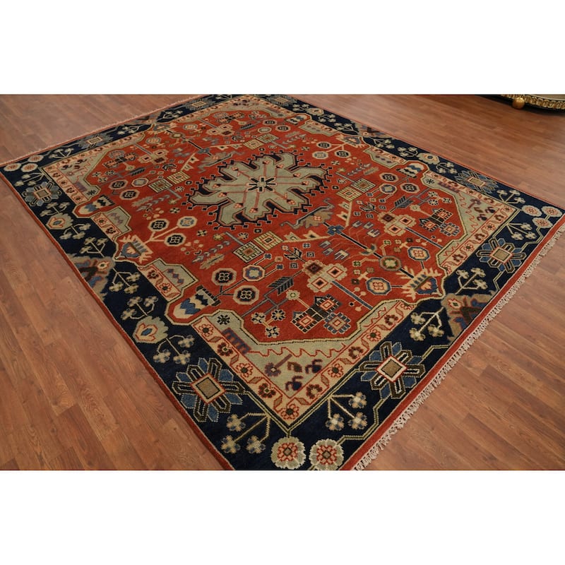 Hand-knotted Traditional Wool Orange Geometric Oriental Area Rug - 9' 11'' X 7' 11''