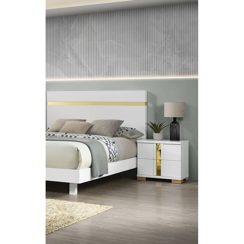 Nightstand with Acrylic Trim, Wooden Bedroom Coffee Table, Sofa Side Table with 2 Drawers & Bracketed Metal Legs