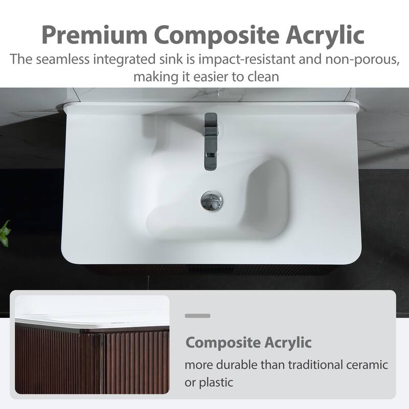 Modland Fluted Floating Vanity with Sink, Plywood Wall Mount Cabinet, Curved Edge, 24/30/36 Inch