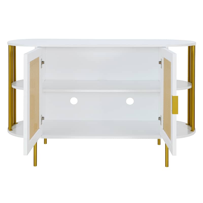2-Door Storage Cabinet with Woven Rattan Doors, Buffet Sideboard with Gold Trim, Console Table with Curved Open Shelves
