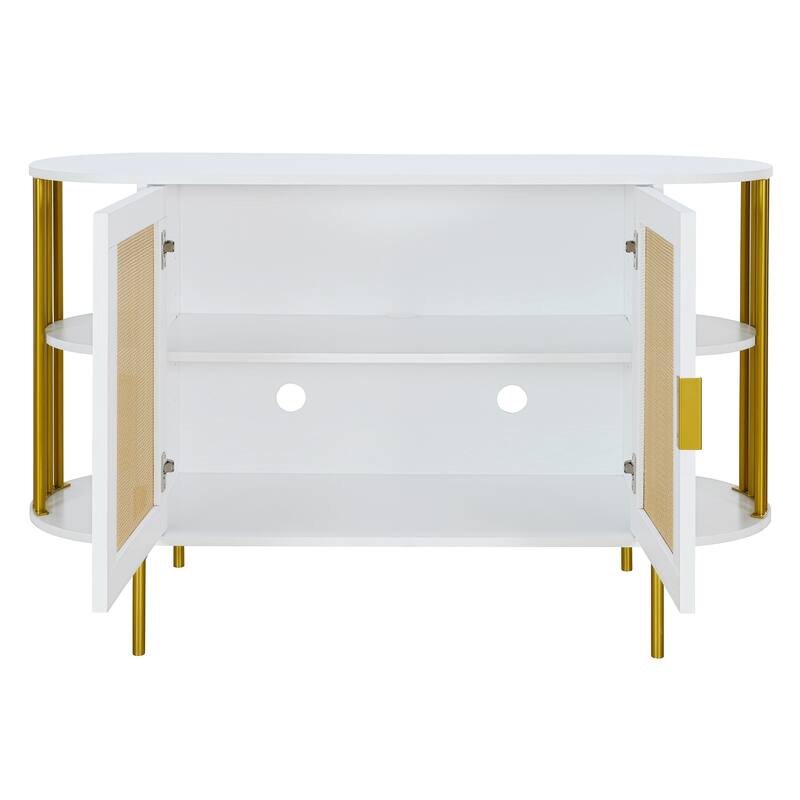 Dining Room Cabinet with Rounded Corners, Rattan Doors & Gold Handles for Elegant Storage