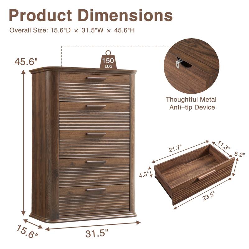 5 Drawers Dresser for Bedroom, 45" Tall Dresser with Curved Profile Design, Wood Fluted Chest of Drawers