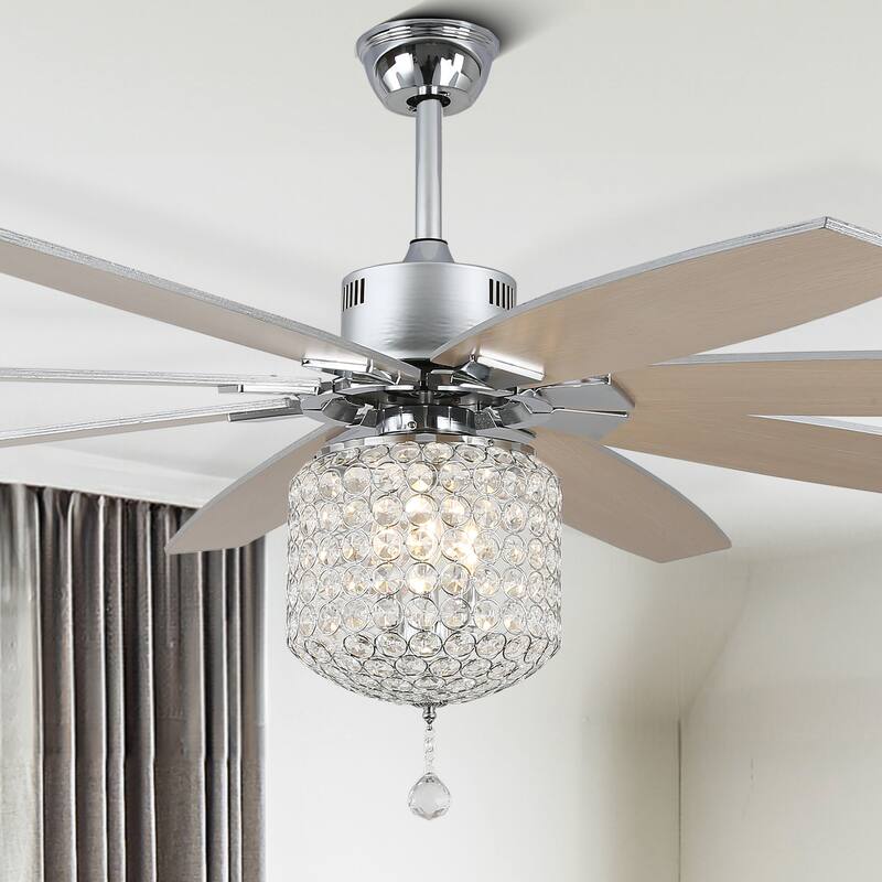 65" Large Crystal Ceiling Fan with Chorme Finish, 8-Blades 3 Lights w Crystal Shade, Quiet DC Motor w Remote Control