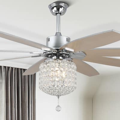 65" Large Crystal Ceiling Fan with Chorme Finish, 8-Blades 3 Lights w Crystal Shade, Quiet DC Motor w Remote Control