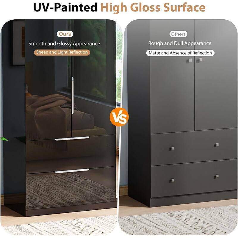 Armoire 4 Doors 2 Drawers with Full-length Mirror Door with High Gloss Paint