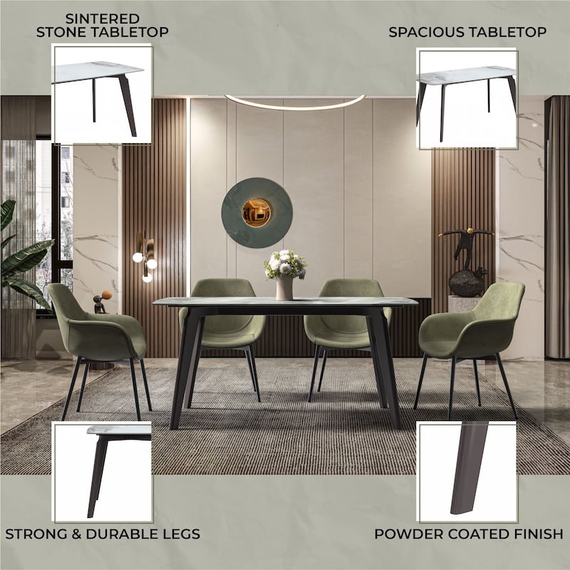 Krevor Modern Dining Table with Rectangular Sintered Stone or Glass Wide Tabletop and Black Steel Base