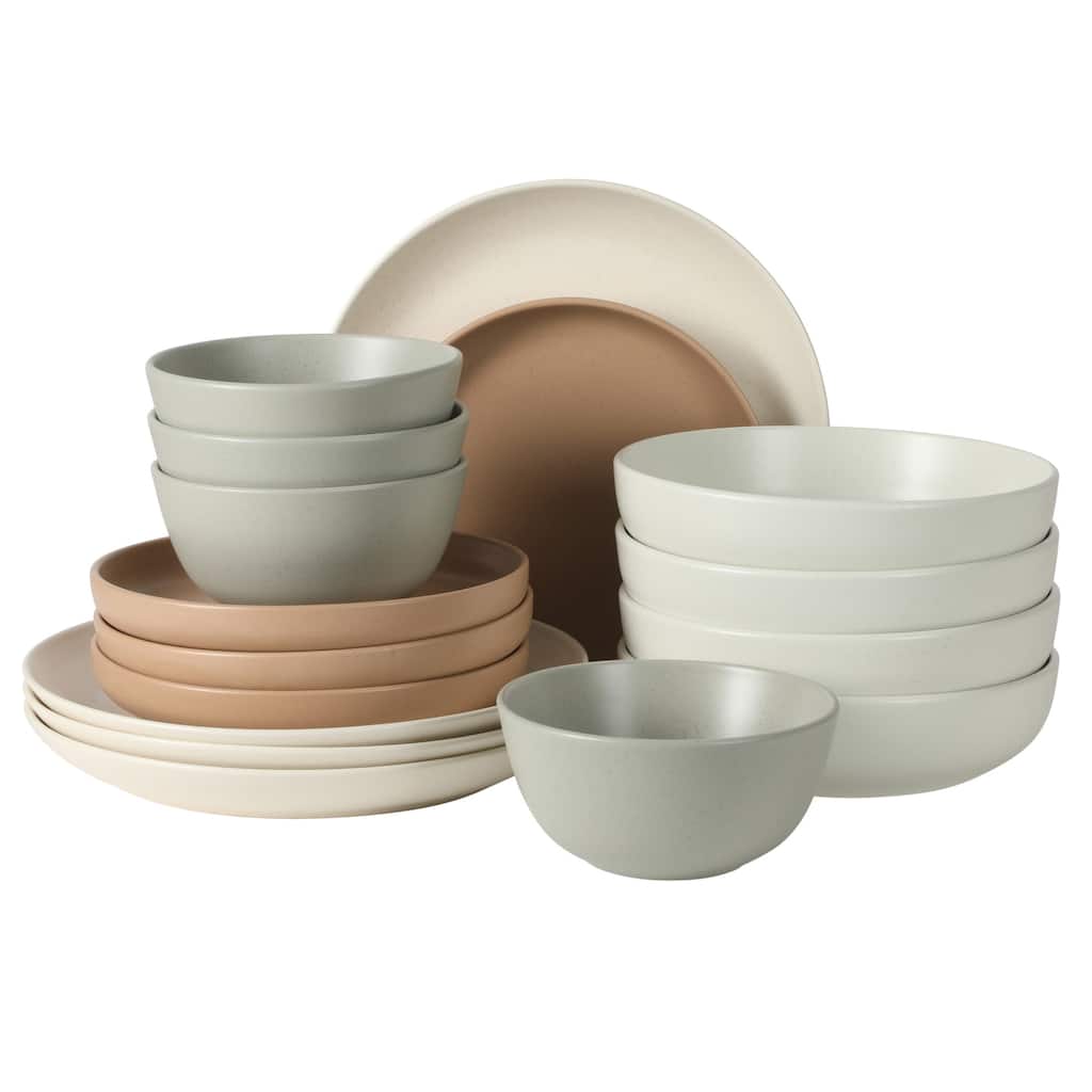 Gibson Elite Leeds Court Plates and Bowls Sets, 16-Piece Stoneware Dinnerware Sets, Round Speckle Reactive Glaze Dish Set