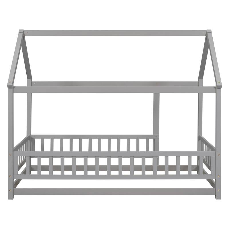 House-Shaped Twin Floor Bed with Roof Frame & Safety Fence, Grey Wooden Design
