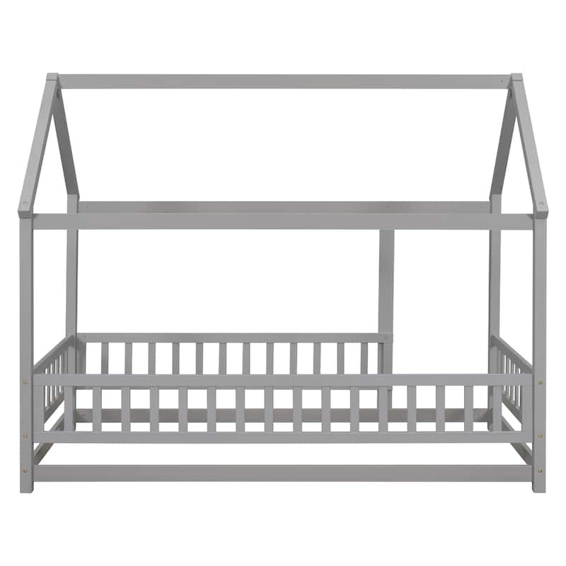 Twin Size Wooden Floor Bed with House Roof Frame, Fence Guardrails for Kids, Bedroom