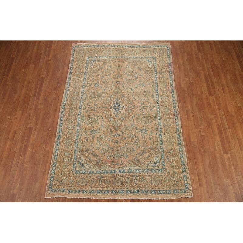 Hand Knotted Oriental 100% Wool Carpet Traditional Floral Oranges & Rust Mashad Area Rug - 9' 6'' X 6' 3''