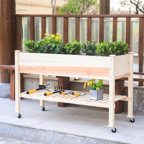 48 in x 32 in x 23 in Wooden Elevated Planter with Shelf and Wheel - 48x32x23