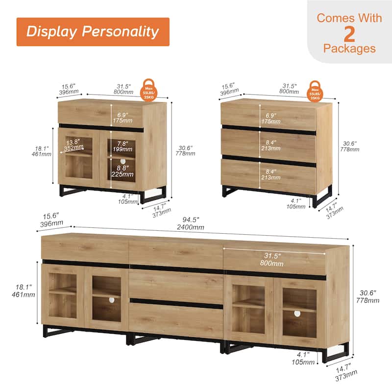 WAMPAT 3 in 1 Multifunctional Sideboard Buffet Cabinets with Glass Doors and 5 Drawers for Living Room, Kitchen