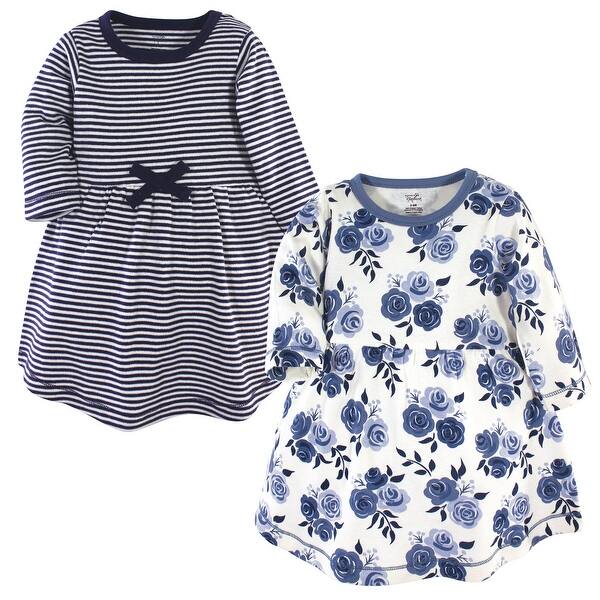 slide 1 of 1, Touched by Nature Baby and Baby Girl Organic Cotton Long-Sleeve Dresses 2pk, Navy Floral 0-3 Months - Baby Toddler Navy Floral Long Sleeve