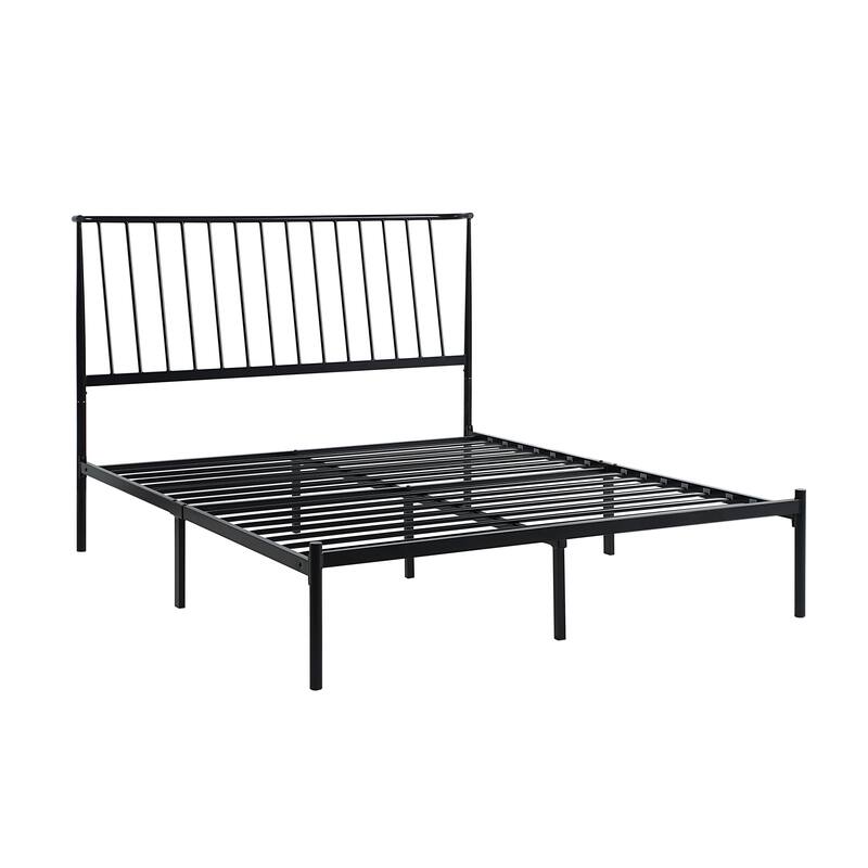 Queen Size Metal Platform Bed with Angled Headboard and Farmhouse Style