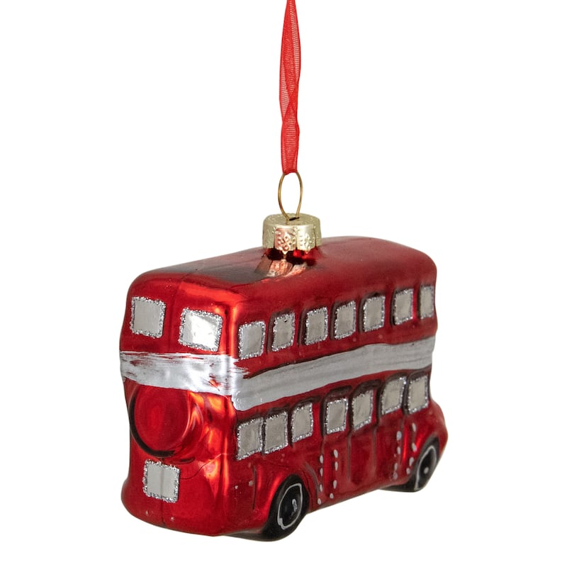 Double Decker Bus Glass Christmas Ornament - 3.75" - Silver and Red