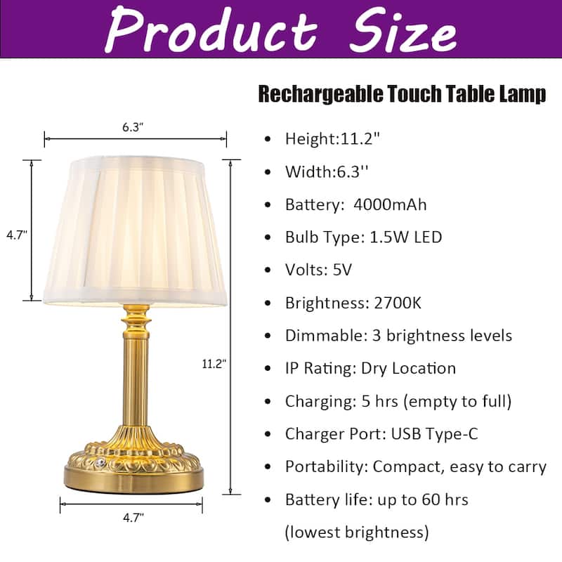 CraftHome 11'' Glam Cordless Table Lamp Touch Control with 3 Way Classic Elegant Dimmable Rechargeable LED Nightstand Lamp - W6"