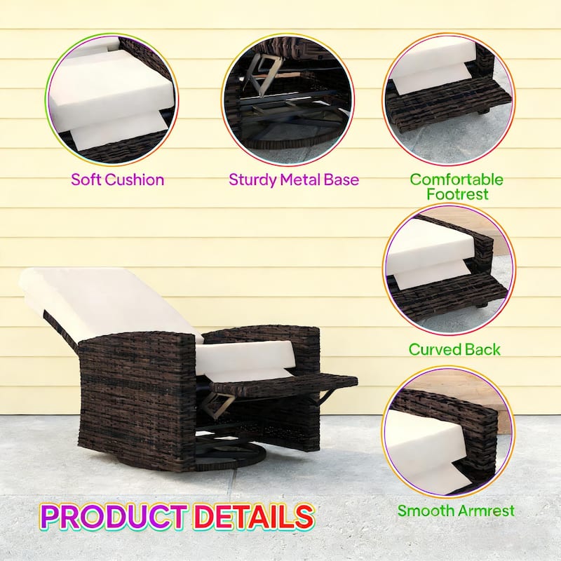 GDFStudio Lorien Rattan Outdoor Swivel Recliner with 360-Degree Rotating Base