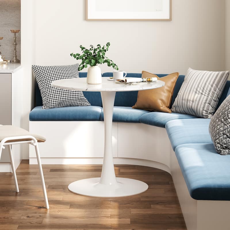 Mid-Century Modern Round Kitchen or Dining Table with Steel Pedestal Base for Dining Room - 31.5" - White Marble