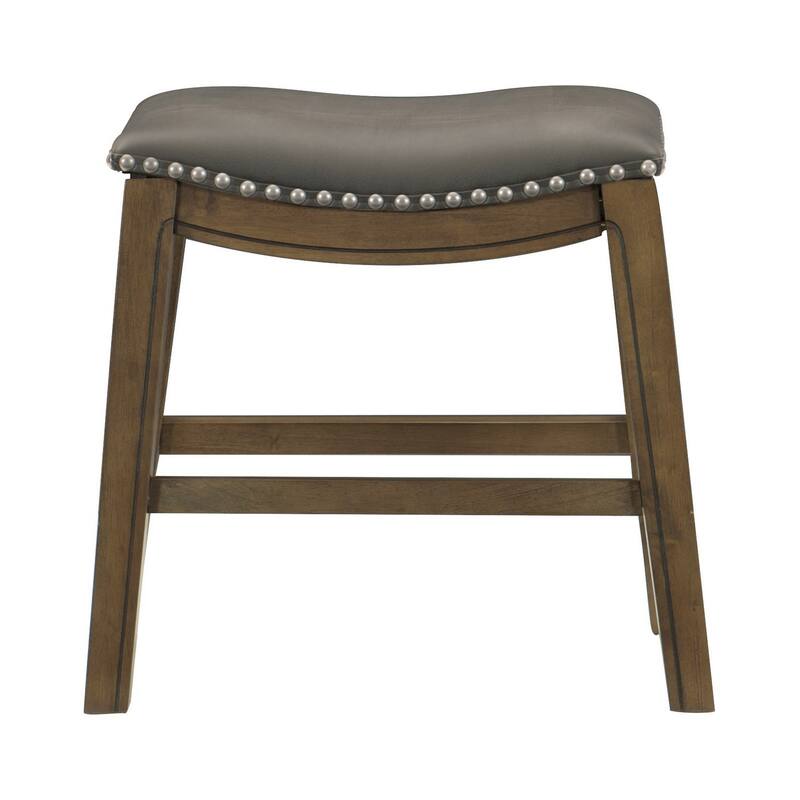 Miel 20 Inch Dining Stool, Gray Faux Leather, Brown Solid Wood, Nailheads