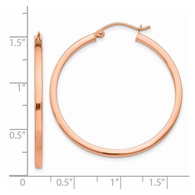 Curata 14k Rose Gold 35x2mm Light Weight Square Tube Hoop Earrings