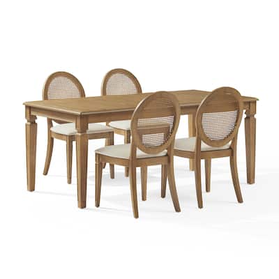 Katia 5Pc Dining Table Set For 4 Cane-Back Upholstered Chairs