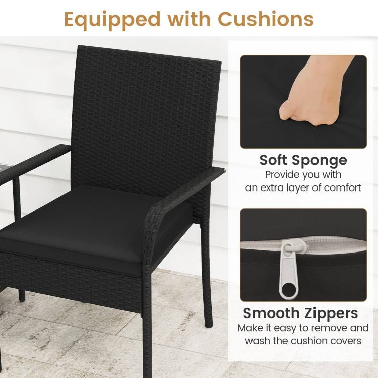 3 Piece Black PE Rattan Patio Set with Metal Frame, Cushions and Glass Table - Chair: 23" x 22.5" x 35"