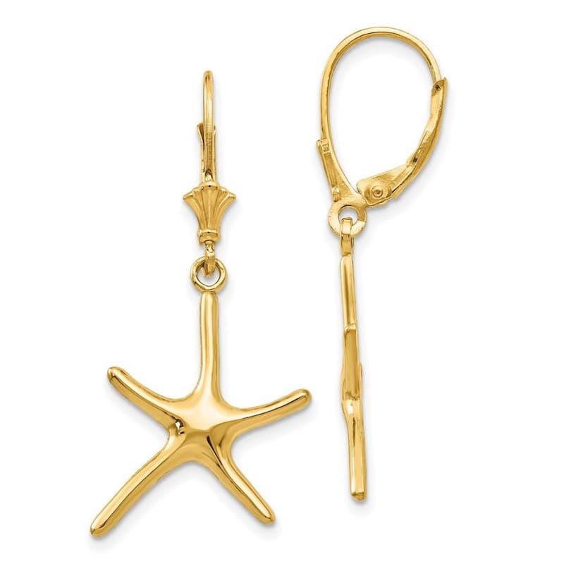 Curata 14k Yellow Gold 36.25mm Dancing Sea Shell Starfish Leverback Earrings