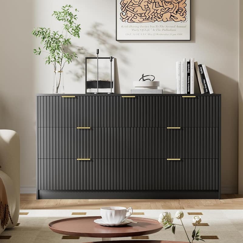 7 Drawer Dresser Fluted Wood Clothes Storage Cabinet, Modern Wide Dresser for Bedroom