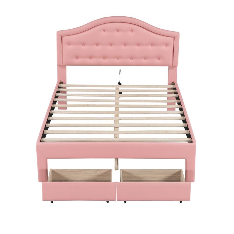 Upholstered Platform Bed with Tufted Headboard, LED and 2 Drawers, Pink