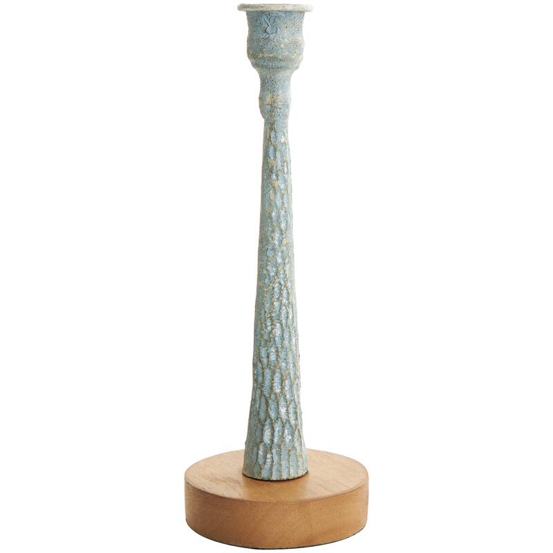 Cream or Light Blue Metal Textured Tapered Candle Holder with Brown Wood Bases (Set of 2)