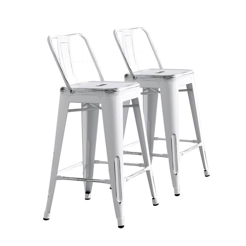 24" Seat Modern Light Weight Industrial Contemporary Metal Barstools with Bucket Back and 4 Leg Design, Bar Stools (Set of 2) - Natural+White