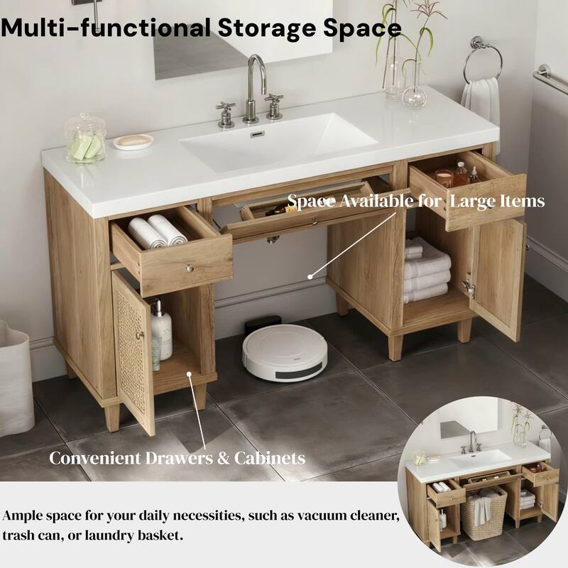 60 Inch Bathroom Vanity with SMC Sink, Modern Spacious Bathroom Storage Cabinet with Soft Close Drawers and Tip-Out Tray