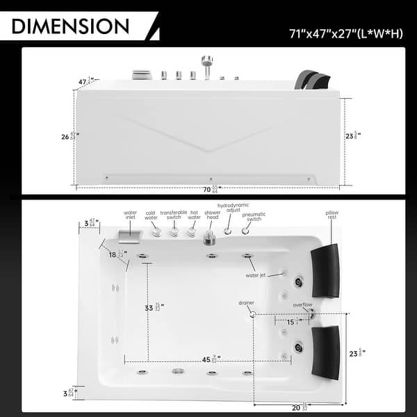 dimension image slide 2 of 3, 71 in. x 47 in. Alcove Whirlpool Bathtub Hydrotherapy Jetted SPA Bath in White
