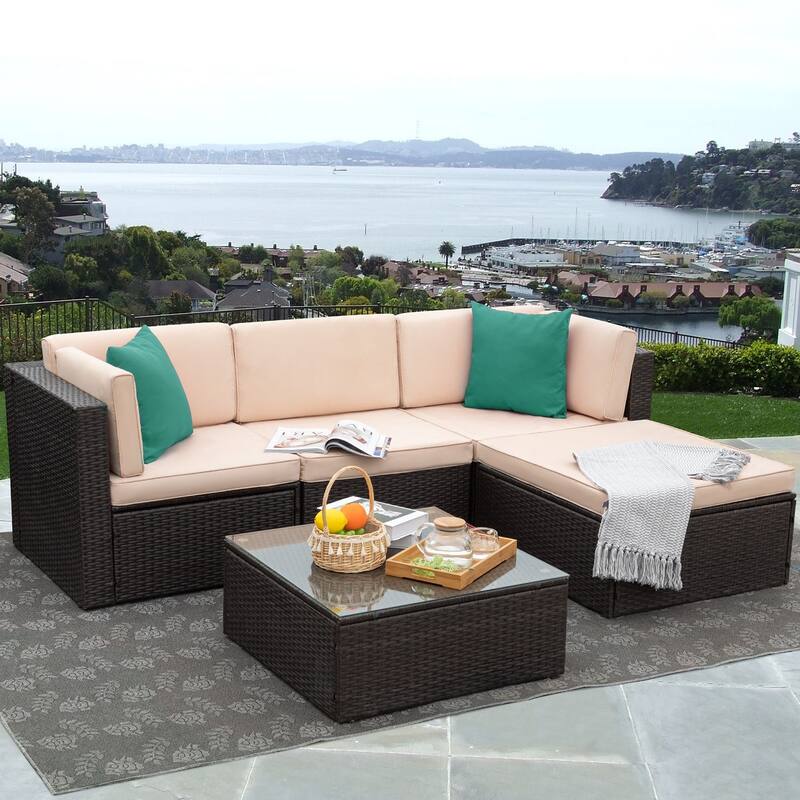 Homall 5 Pieces Patio Furniture Sets Outdoor Sectional Sofa Manual Weaving Rattan - Beige/Blue