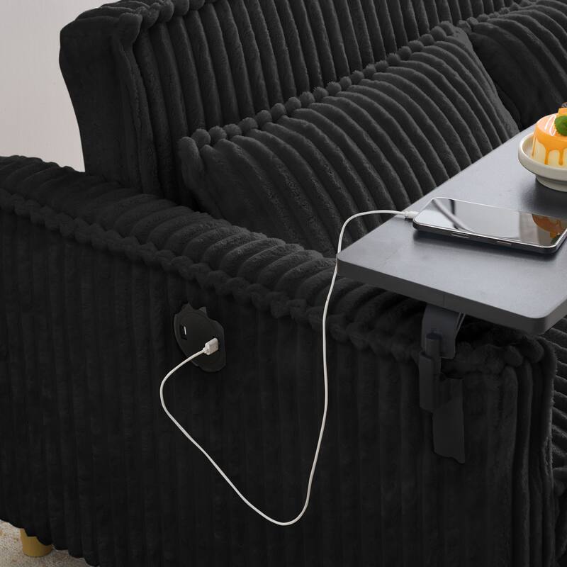 Dual-function Black Corduroy Pull-out Sofa with Movable Tabletop and USB Ports