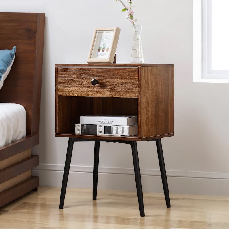 Javlergo Set of 2 Mid-century Modern Nightstand for Bedroom with Storage Drawer and Shelf Small Side End Table for Living Room