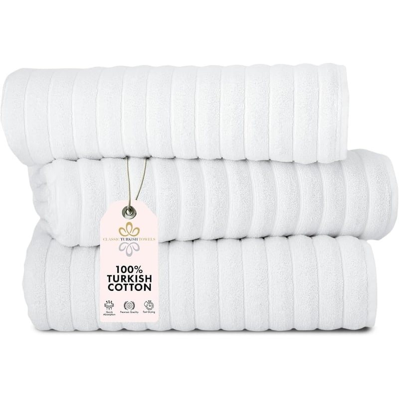 Classic Turkish Towels 100% Turkish Cotton Bath Sheets Plush Ribbed 3 Piece 40x65" - 40x65 - White