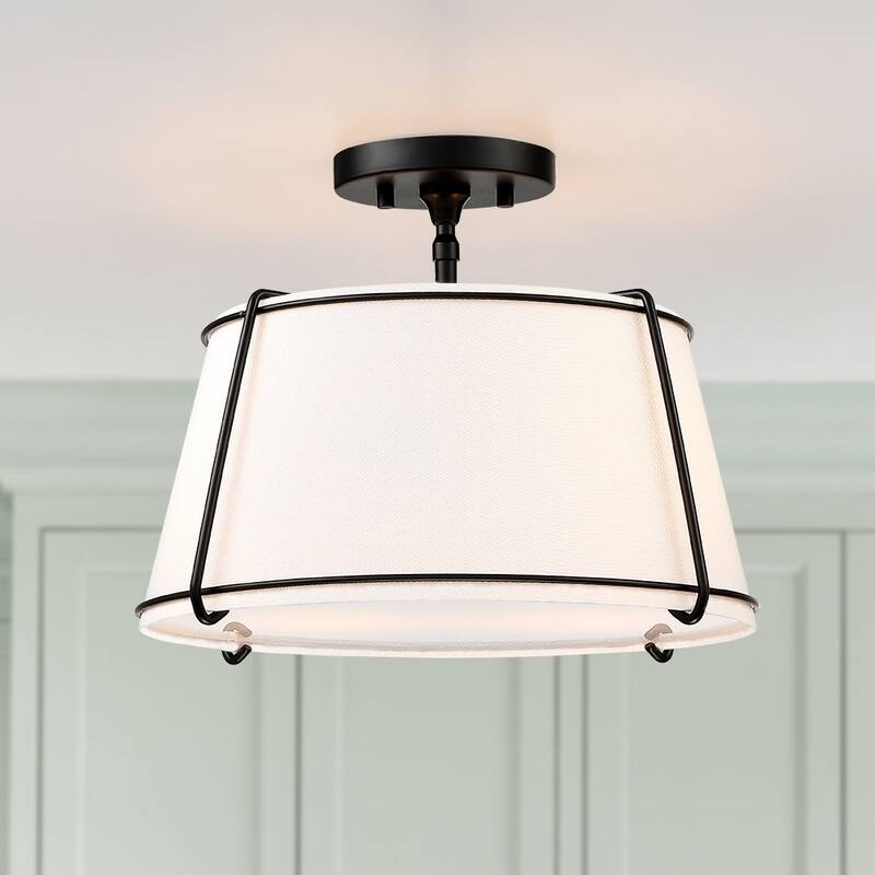 Martina 2-Light White Fabric Semi-Flush Mount- 15"W