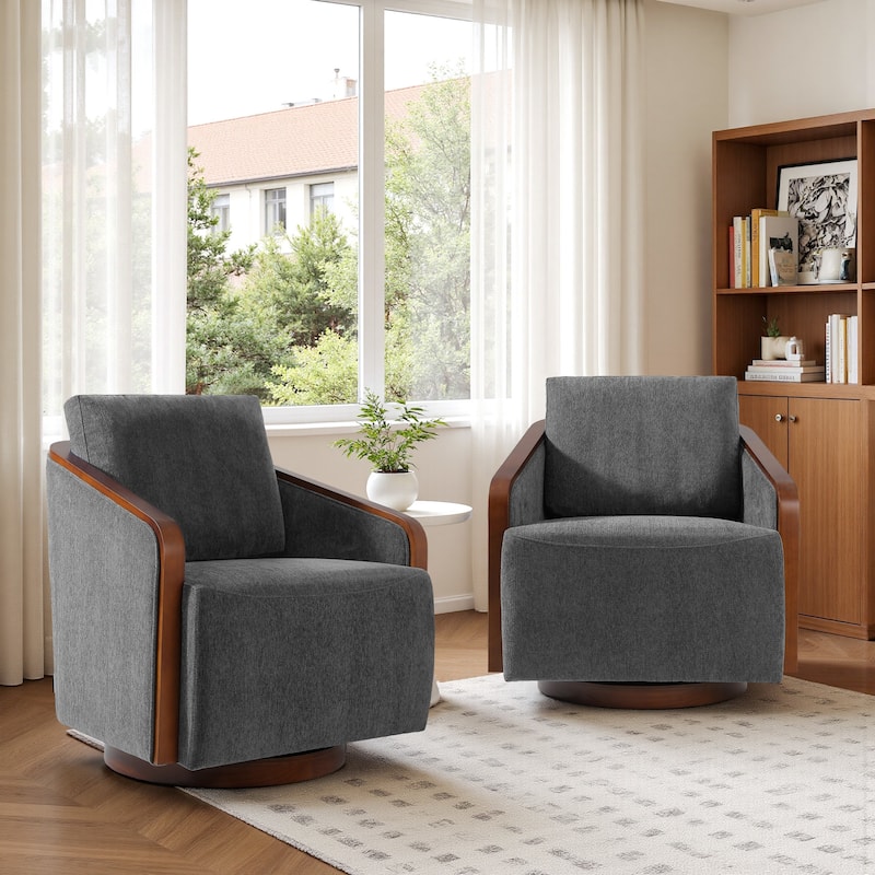 Chenille Modern 360°Swivel Barrel Chair Wood Base (Set of 2) - Dark Grey