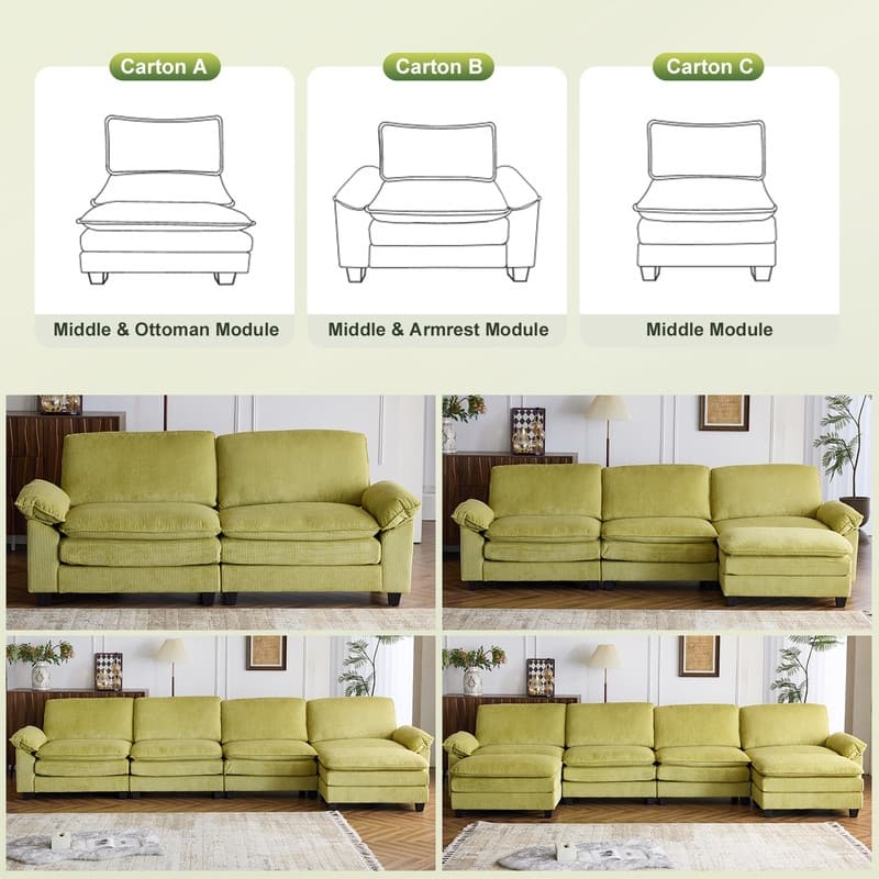 Double Layer Cushion Cloud Couch, Moludar Sofa With Reversible Ottoman For Living Room