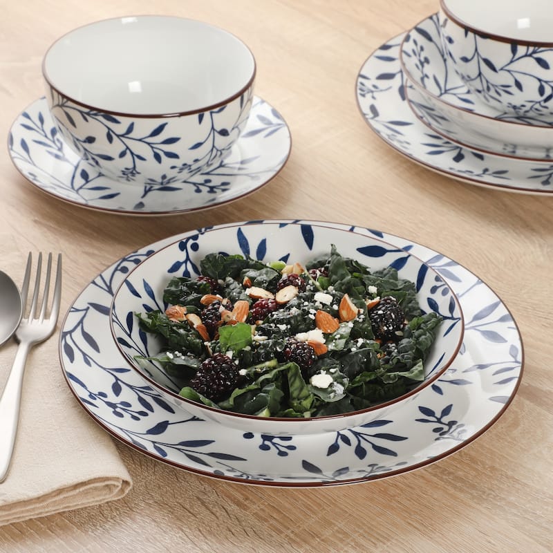 Gibson Home Palace Suite 16-Piece Dinnerware Set, Blue Floral Stoneware Plates & Bowls, Service for 4
