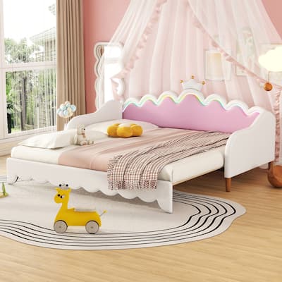 Twin Size Extending Daybed with LED Lights, Modern Upholstered Kids Princess Bed Frame With Crown Decor