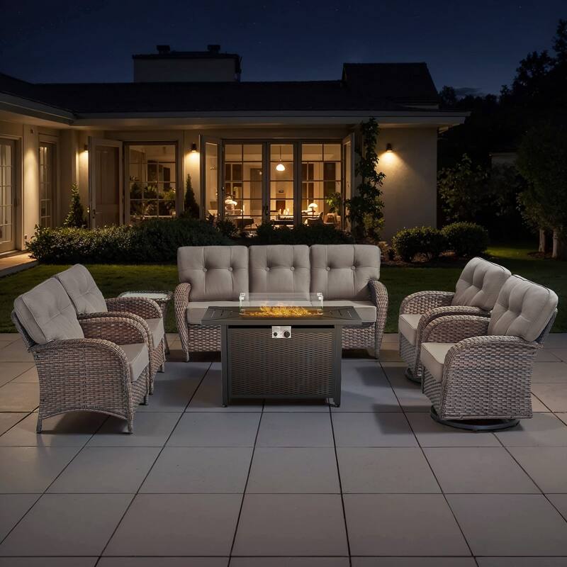 TWrap Wicker Patio Iron Fire Pit Conversation Set with 3-Seat Sofa & Swivel Gliders & Armchairs - Brown/Gray - No Ottomans