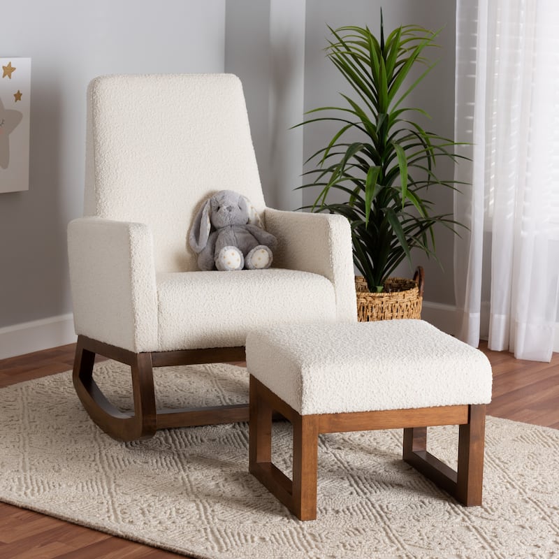 Yashiya Mid-Century Modern Off-White Boucle Upholstered and Walnut Brown Finished Wood 2-Piece Rocking Chair and Ottoman Set