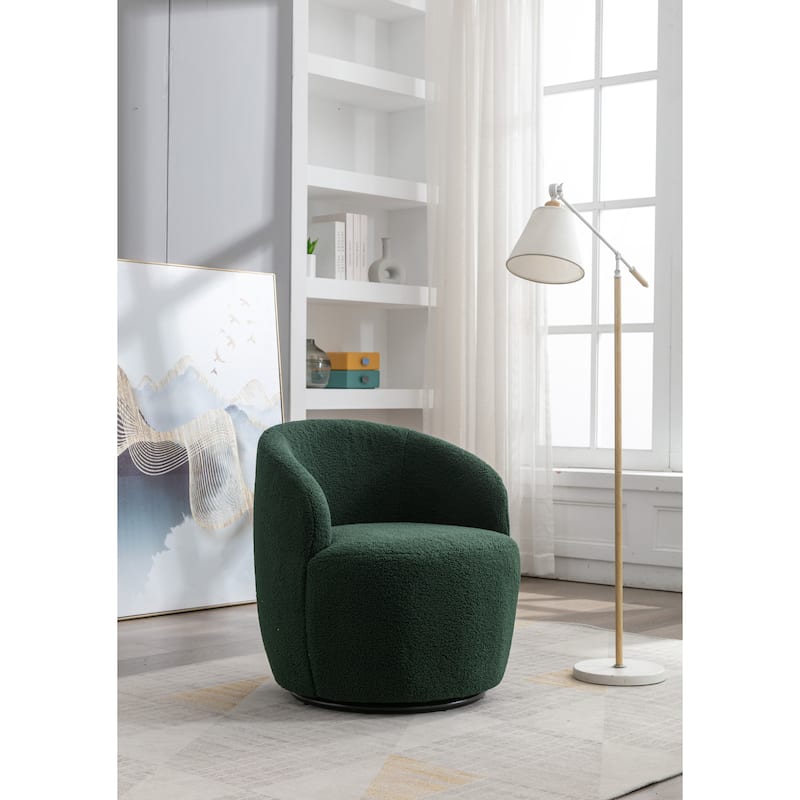Teddy Fabric Swivel Barrel Chair, Round Upholstered Armchair, Small Single Sofa with Metal Ring for Living Room, Bedroom