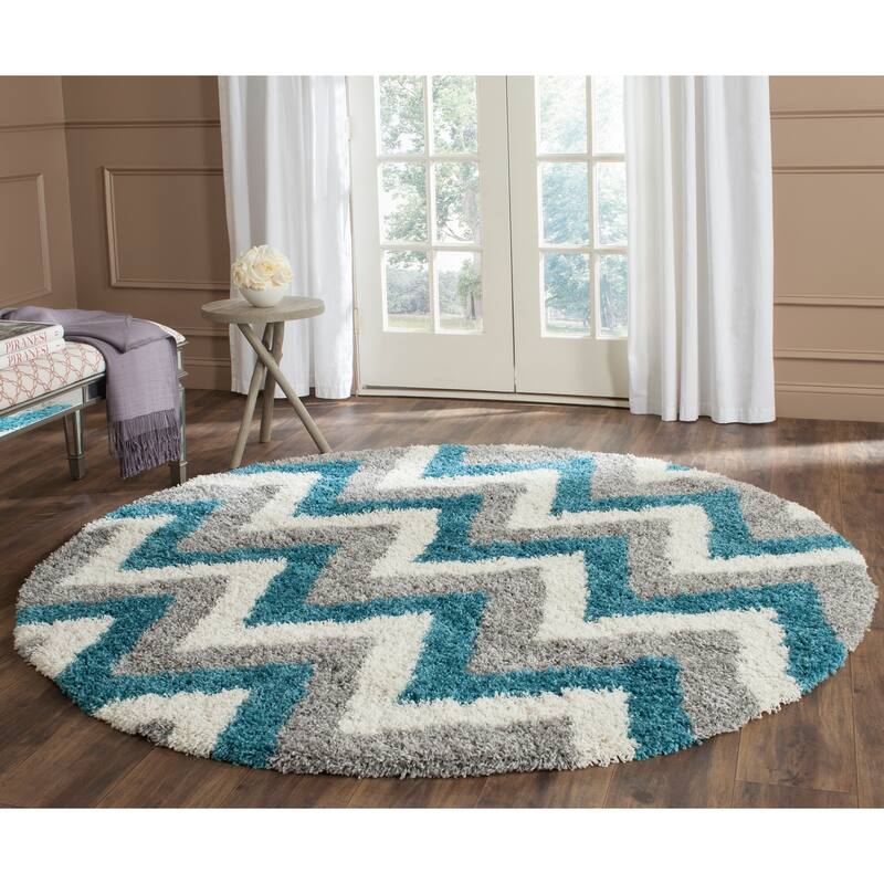 SAFAVIEH Kids Shag Nikki Nursery Playroom 2-inch Thick Rug - 4' Round - Ivory/Blue