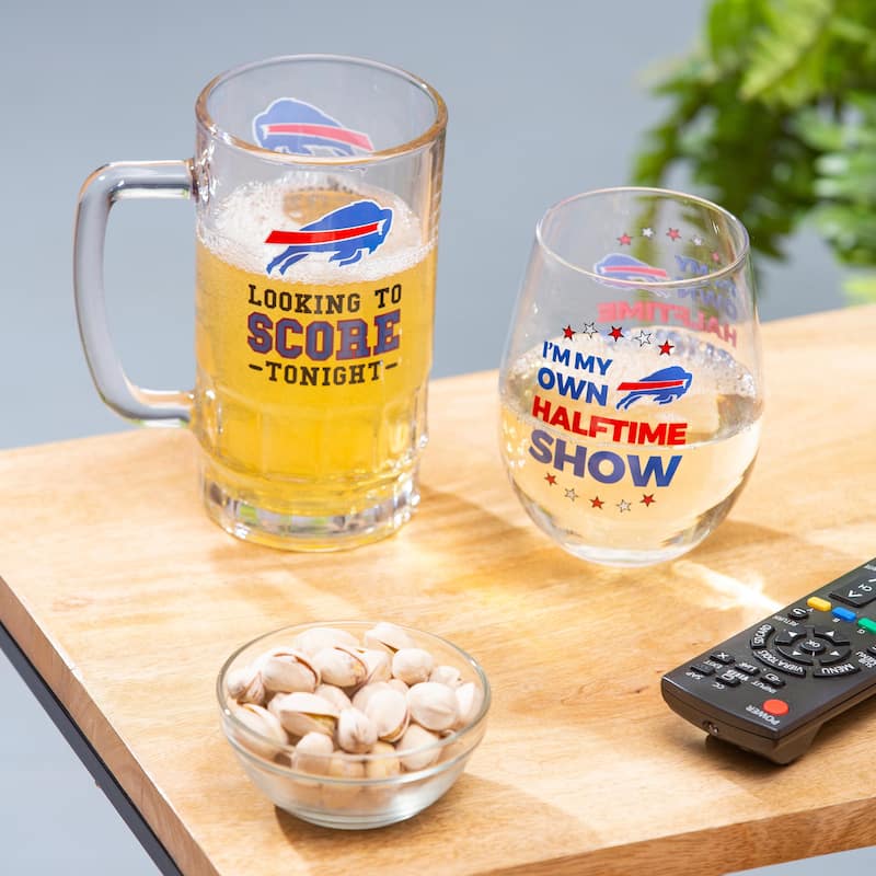 Buffalo Bills, 17 oz Stemless Wine Glass and 16 oz Beer Mug Gift Set