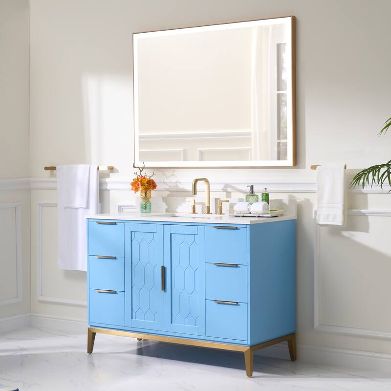35''H Solid Wood Bath Vanity with Stain-resistant Carrera White Quartz Top and Sink